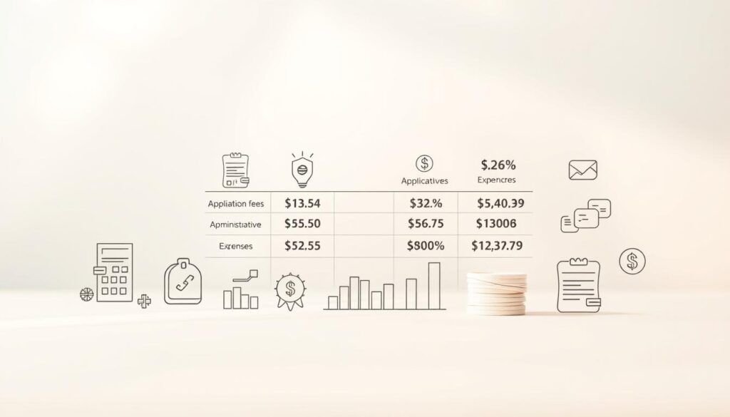 A detailed cost breakdown illustration of an LMIA (Labour Market Impact Assessment) application, set against a soft, pastel-toned background. In the foreground, various financial icons and infographic elements neatly arrange the application fees, administrative costs, and other associated expenses. The middle ground features a clean, minimalist design with subtle gridlines, allowing the financial data to take center stage. The background has a muted, blurred texture, creating a sense of depth and focus on the informative visual elements. Carefully balanced lighting casts gentle shadows, enhancing the professional, yet approachable tone. The overall composition conveys a clear, data-driven understanding of the costs involved in the LMIA application process.