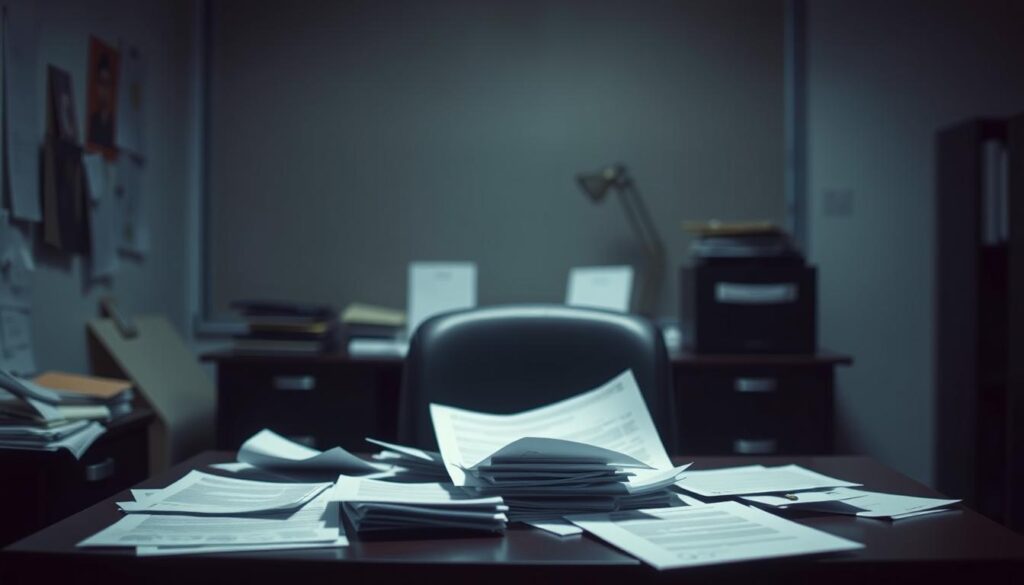 A dimly lit office setting, with a desk and chair in the foreground. On the desk, various documents and forms are scattered, representing the common mistakes encountered in an LMIA application. The background is hazy, with a sense of administrative clutter and disorganization, emphasizing the challenges faced by applicants. The lighting is subdued, creating a somber mood that reflects the frustration and confusion associated with navigating the LMIA process. The image should convey the importance of seeking professional guidance to avoid these pitfalls and ensure a successful LMIA application.