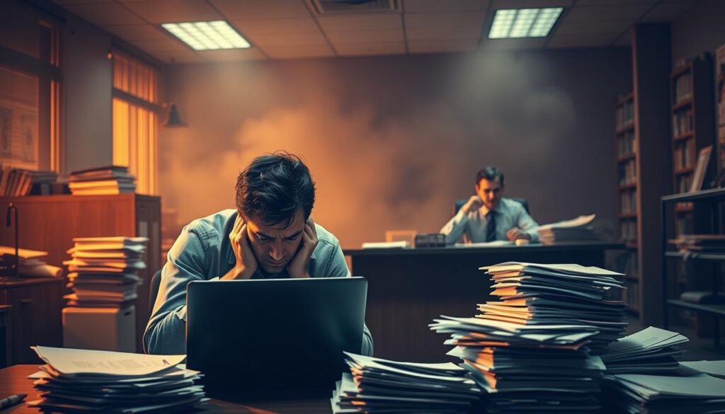 A dimly lit office space, the air thick with the weight of paperwork and bureaucratic challenges. In the foreground, a frustrated applicant hunches over a laptop, grappling with the complexities of the LMIA application process. Stacks of documents and a furrowed brow convey the frustration of navigating the bureaucratic maze. In the middle ground, a government official sits at a desk, examining the application with a stern expression, symbolizing the arduous review process. The background is hazy, suggesting the overwhelming sense of uncertainty and the feeling of being lost in the system. The lighting is warm, casting a sense of unease and tension, mirroring the emotional toll of the LMIA journey.