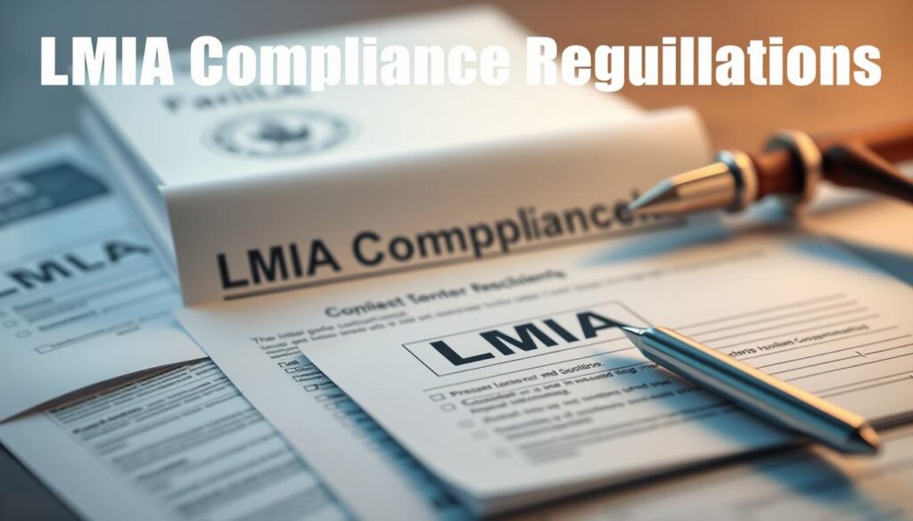 A meticulously detailed visual representation of the LMIA compliance regulations, captured in a realistic and informative manner. A clean, well-lit scene showcases the key elements, such as legal documents, government seals, and regulatory checklists, against a subtly blurred background. The composition emphasizes the gravity and importance of these compliance requirements, with a sense of professionalism and authority. Soft, directional lighting casts subtle shadows, adding depth and dimension to the scene. The overall tone is one of clarity, precision, and a dedication to meeting the necessary legal and administrative obligations.